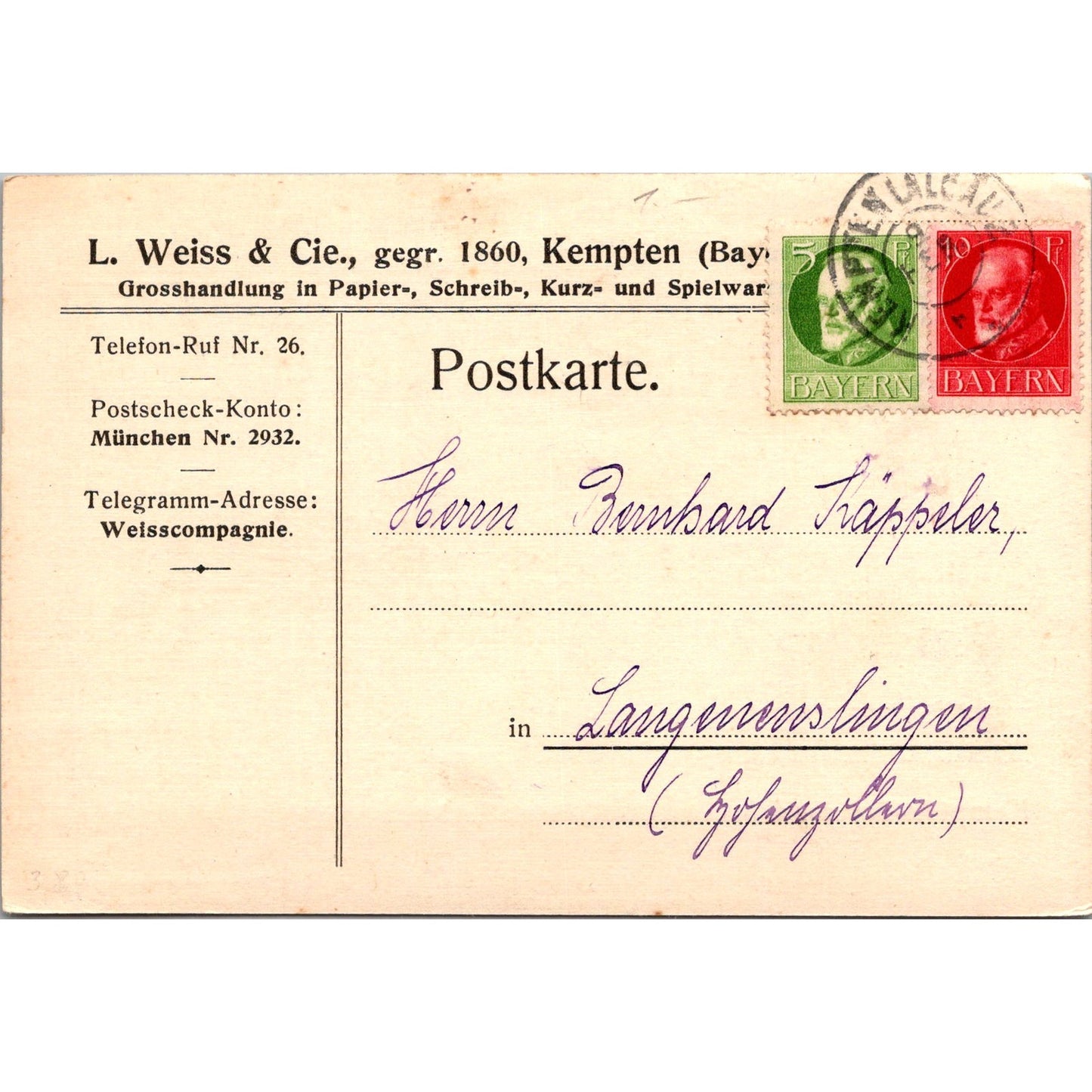 L. Weiss & Cie Kempten Langenenslingen 1920 German Reich Postcard P5-11