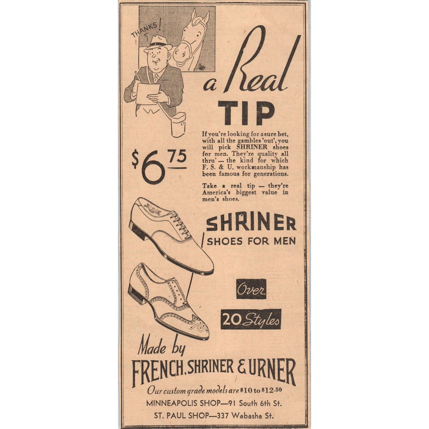 French, Shriner & Urner Shoes 4x8" 1935 Minneapolis Journal Advertisement D10