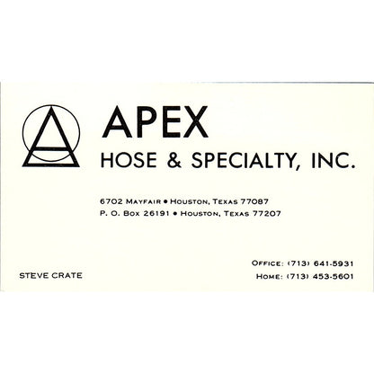 Apex Hose & Specialty Steve Crate Houston Texas Vintage Business Card SB4-B4