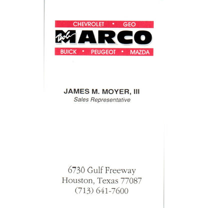 Bob Marco Auto Sales James M Moyer III Houston Vintage Business Card SD8-B18