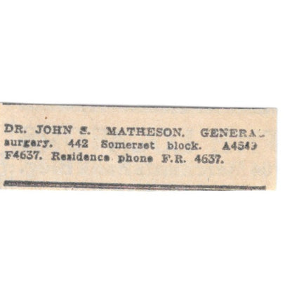 Dr. John S Matheson General Surgery Somerset Block Winnipeg 1920 Ad AG2-S3