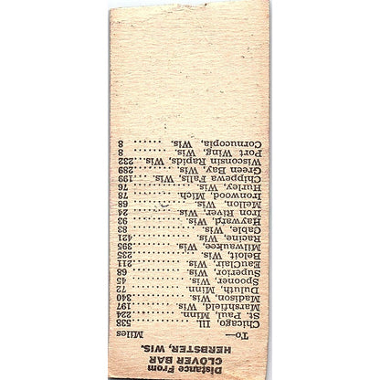 Clover Tavern John Erickson Herbster WI Vintage Matchbook Cover SC7-Y4