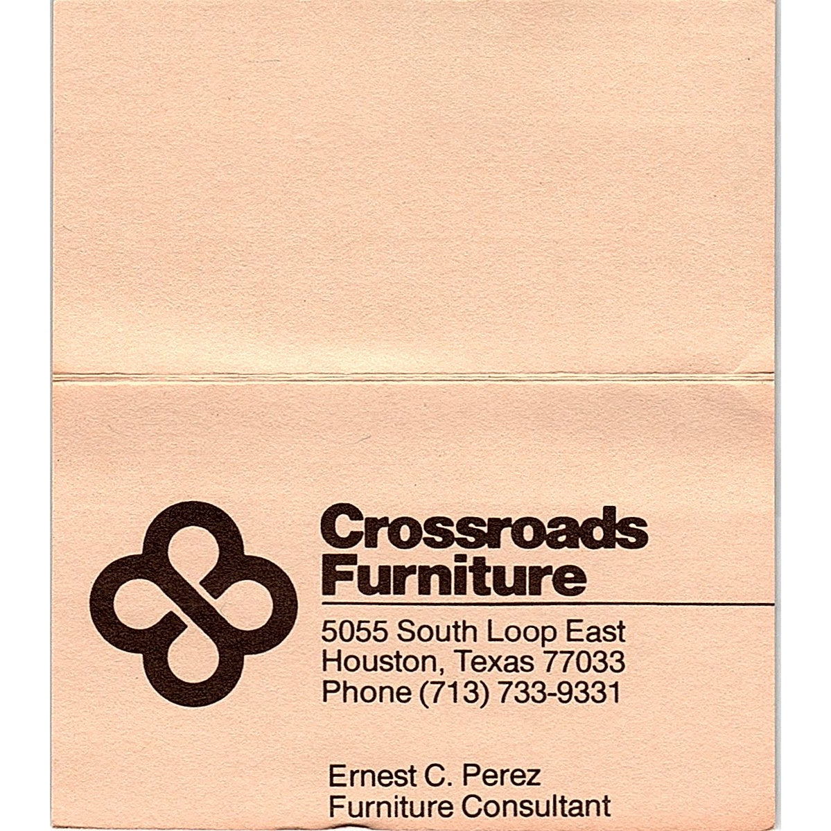 Crossroads Furniture Ernest C. Perez Houston TX Vintage Business Card SF3-B9