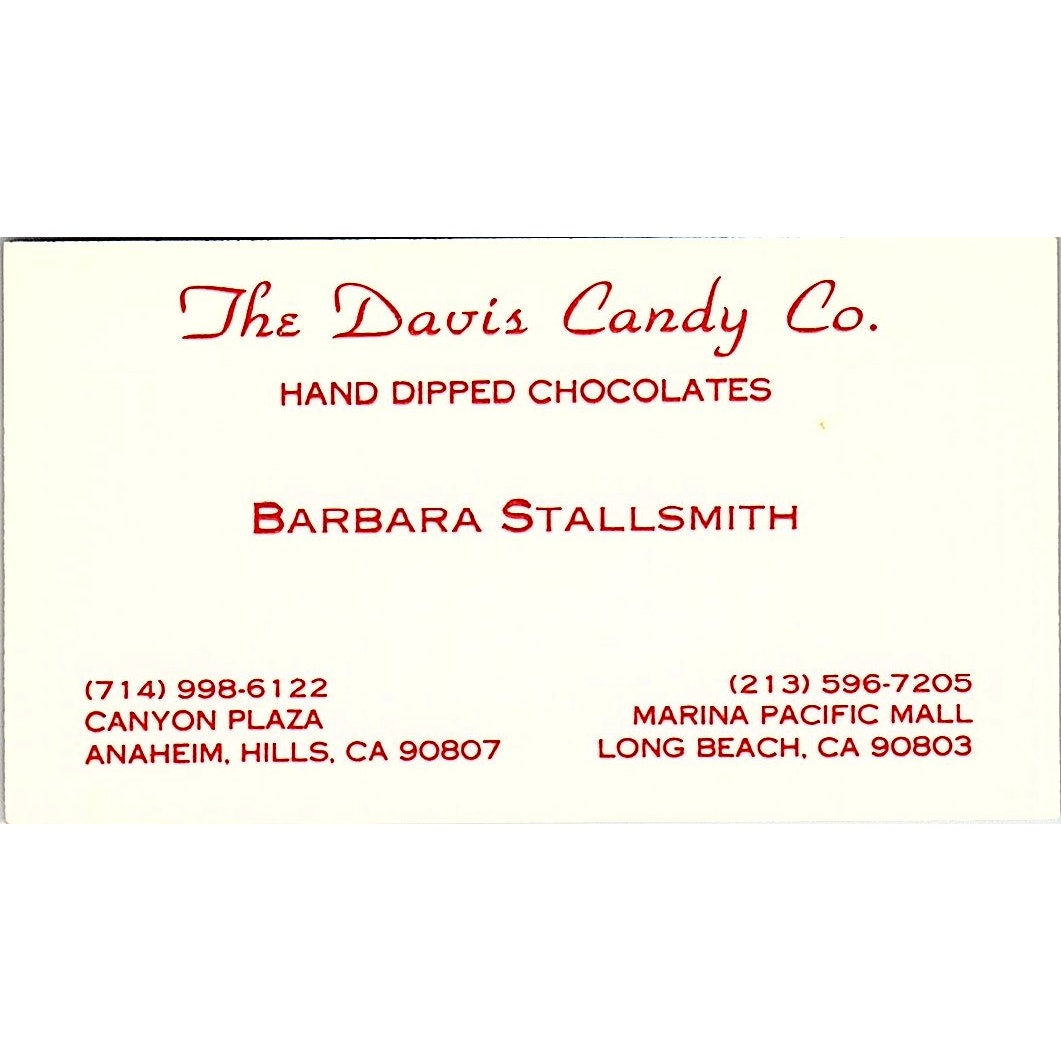 The Davis Candy Co Barbara Stallsmith Long Beach Vintage Business Card SD9-B11