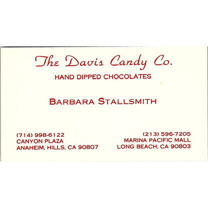 The Davis Candy Co Barbara Stallsmith Long Beach Vintage Business Card SD9-B11