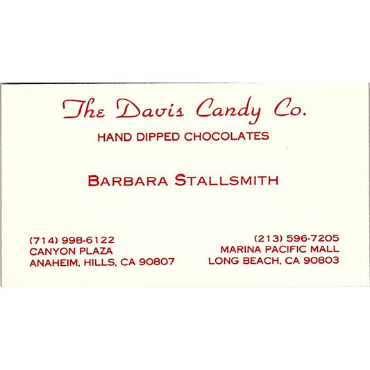 The Davis Candy Co Barbara Stallsmith Long Beach Vintage Business Card SD9-B11