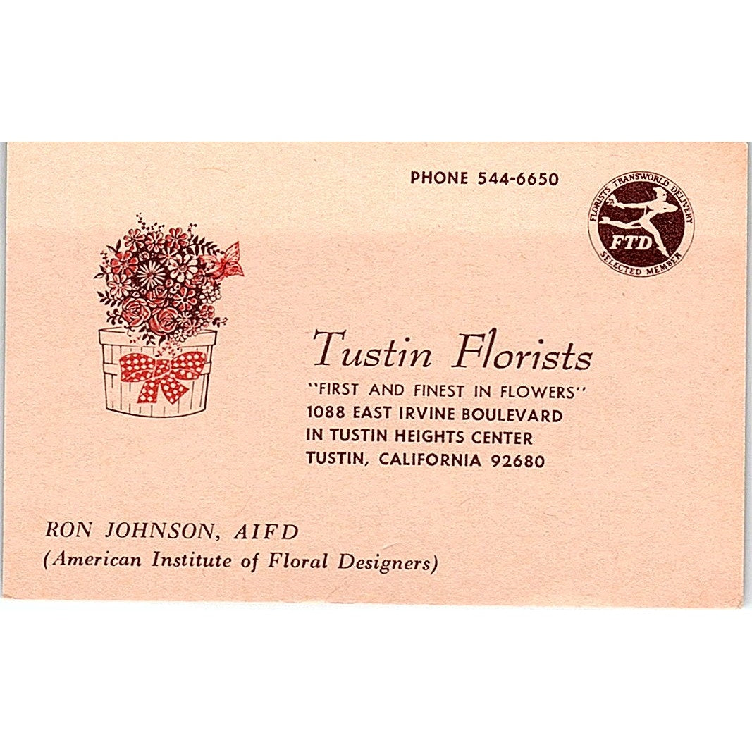 Tustin Florists Ron Johnson AIFD Tustin CA Vintage Business Card TH2-B1