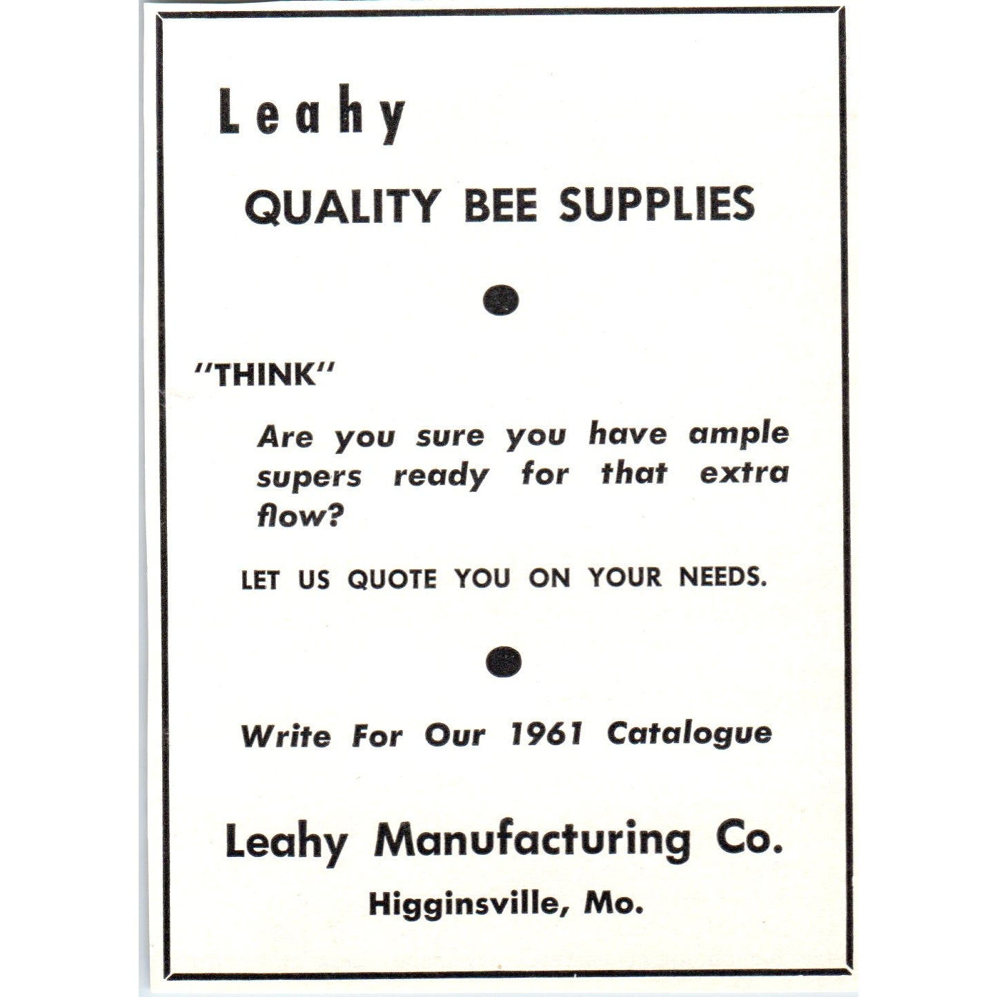 Leahy Quality Bee Supplies Leahy Mfg Co Higginsville MO 1961 Magazine Ad AB6-LB