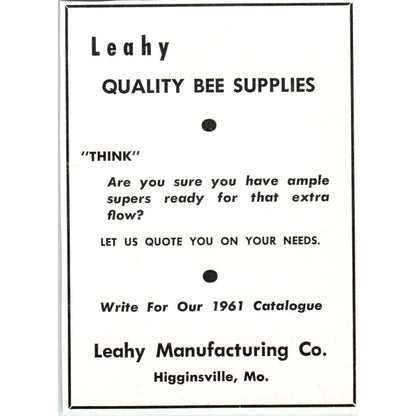 Leahy Quality Bee Supplies Leahy Mfg Co Higginsville MO 1961 Magazine Ad AB6-LB