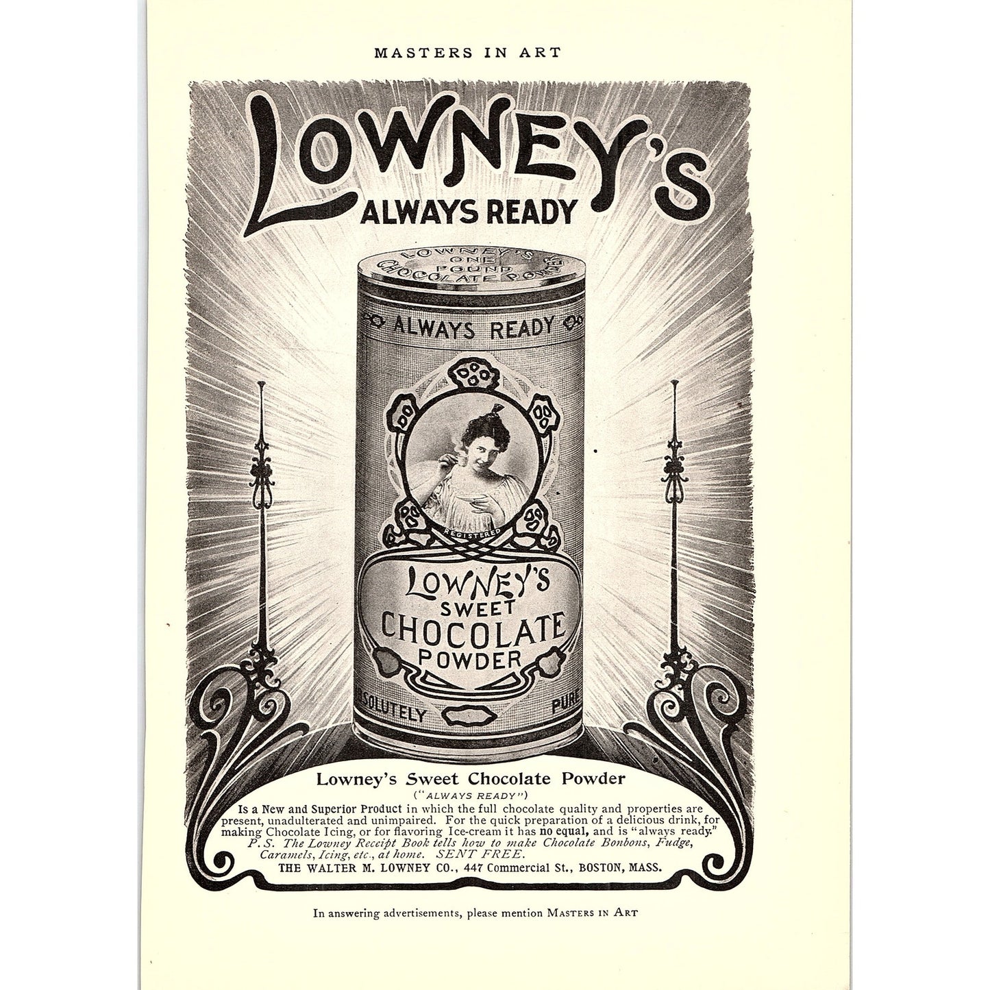 Walter M. Lowney Co Lowney's Sweet Chocolate Powder Boston - 1904 Ad AF5-6