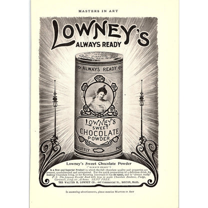 Walter M. Lowney Co Lowney's Sweet Chocolate Powder Boston - 1904 Ad AF5-6