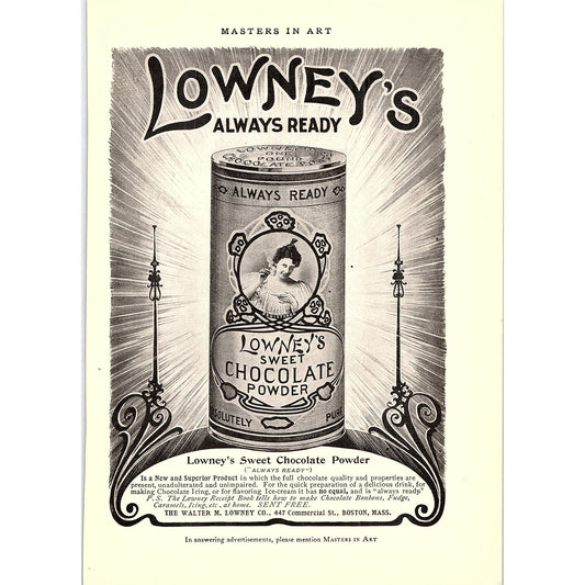 Walter M. Lowney Co Lowney's Sweet Chocolate Powder Boston - 1904 Ad AF5-6