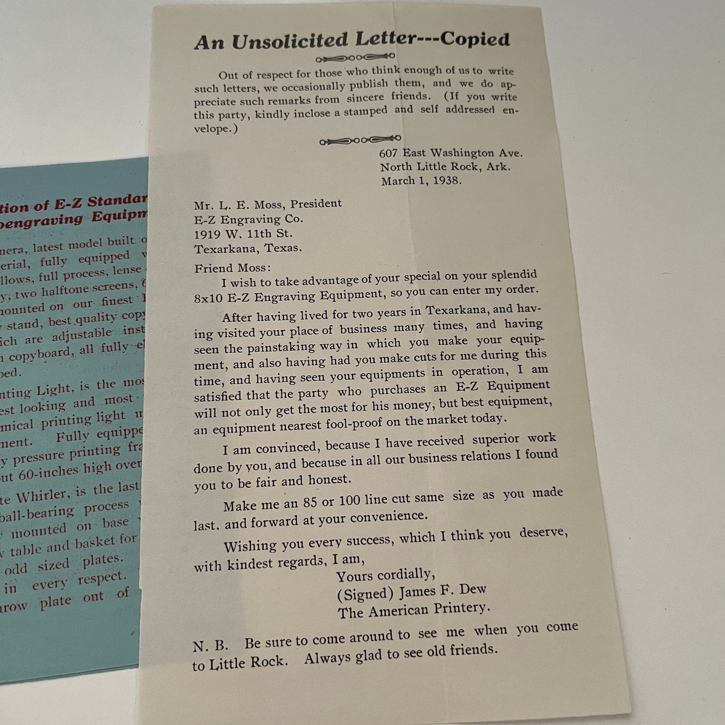 1938 E-Z Engraving Co Sales Material Packet Texarkana Texas B1