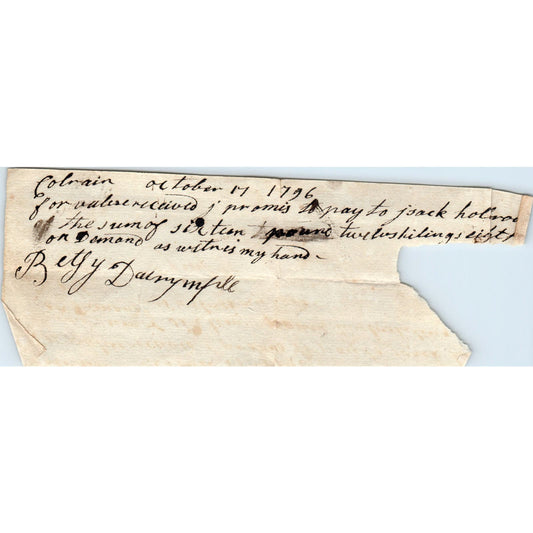 1796 Handwritten Receipt Colrain Massachusetts Jack Holbrook AE6-10