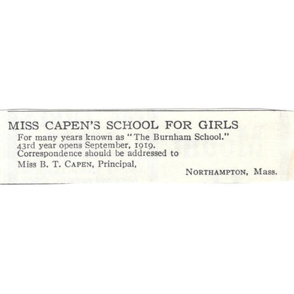 B.T. Capen's School For Girls Northampton c1918 Original Advertisement AE5-SA8