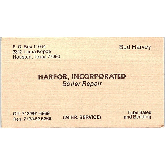 Harfor Incorporated Bud Harvey Houston Texas Vintage Business Card SB4-B8