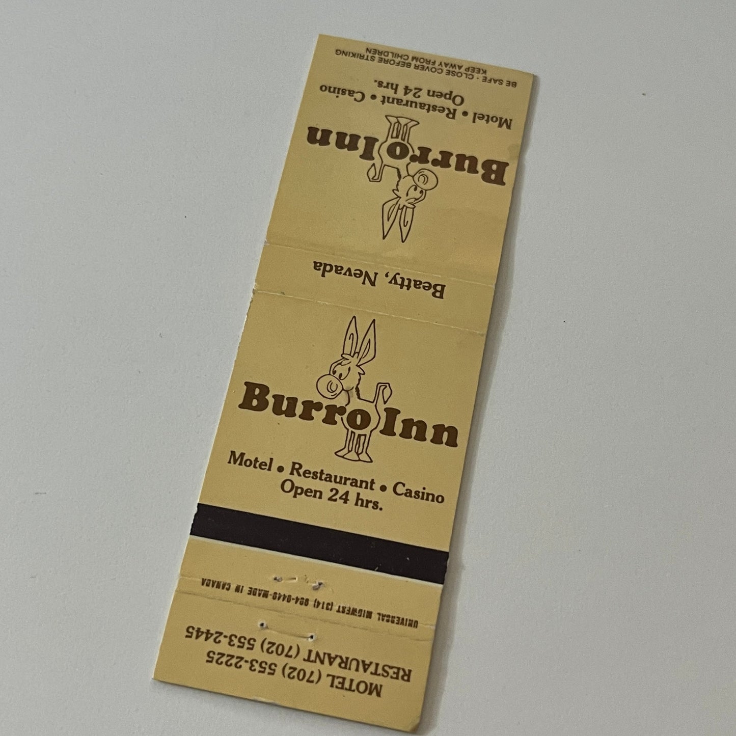 Burro Inn Motel Restaurant Beatty NV Vintage Matchbook Cover TB6-MB2-5