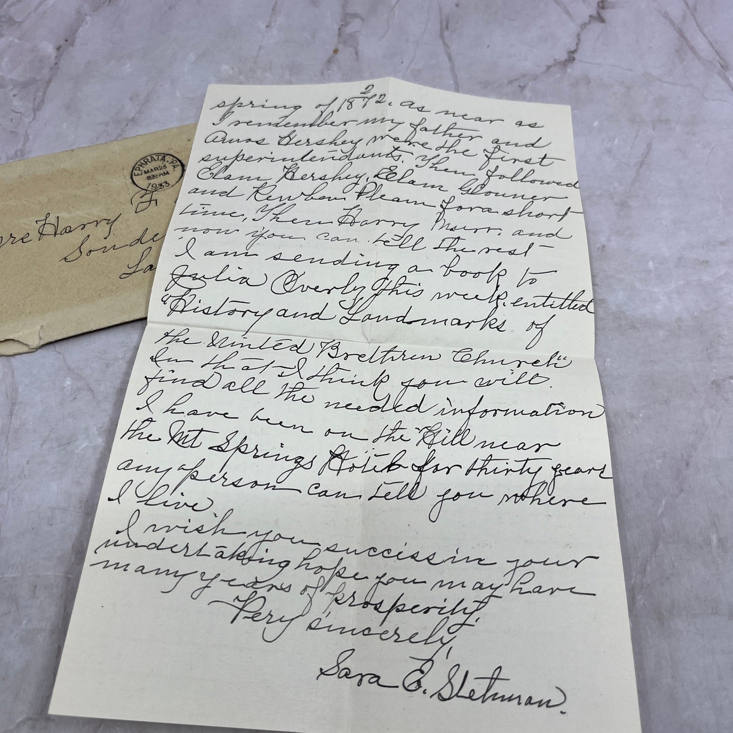 1933 Hand Written Letter Mrs Harry F. Groff Soudersburg PA TJ5-E1