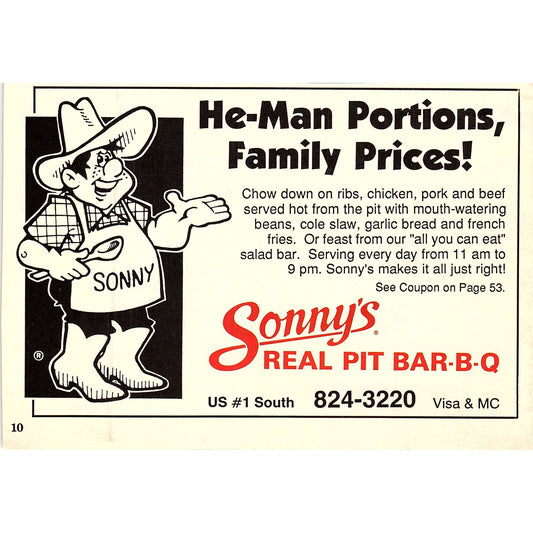 Sonny's Real Pit Bar-B-Q US #1 South St. Augustine FL 1989 Ad AF9-12