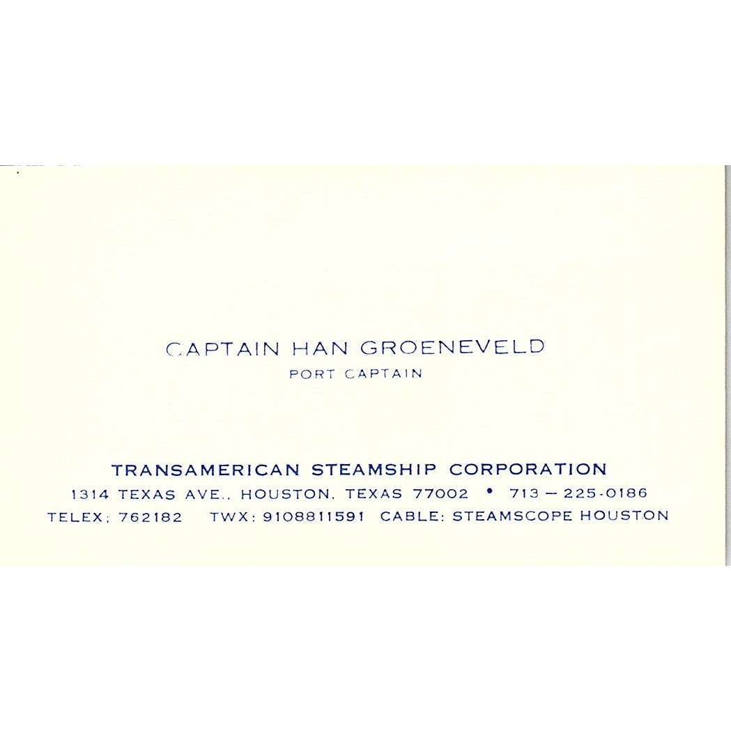 Captain Han Groeneveld Transamerican Steamship Corp Houston Business Card SC9-B4