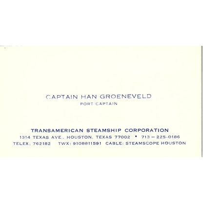 Captain Han Groeneveld Transamerican Steamship Corp Houston Business Card SC9-B4