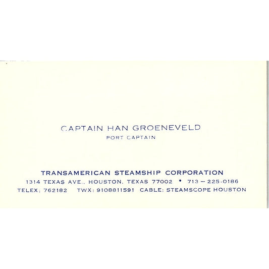 Captain Han Groeneveld Transamerican Steamship Corp Houston Business Card SC9-B4