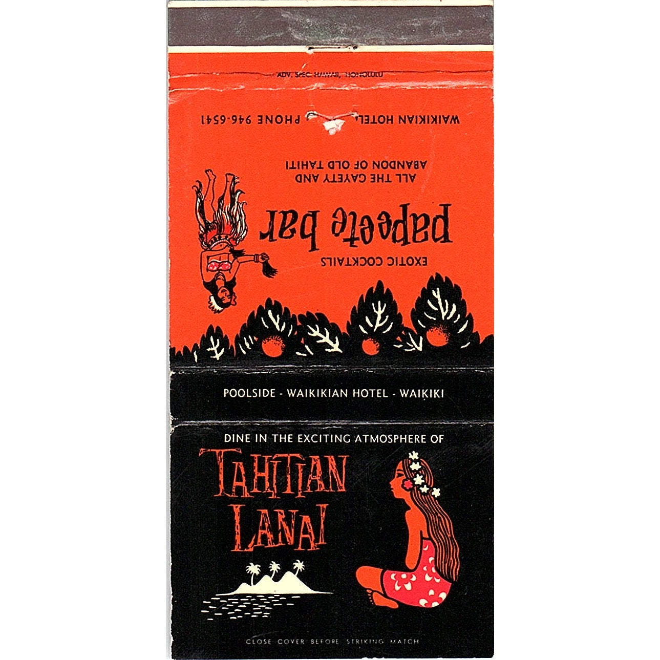 Tahitian Lanai Papeete Bar Waikikian Hotel Vintage Matchbook TB6-MB2-8