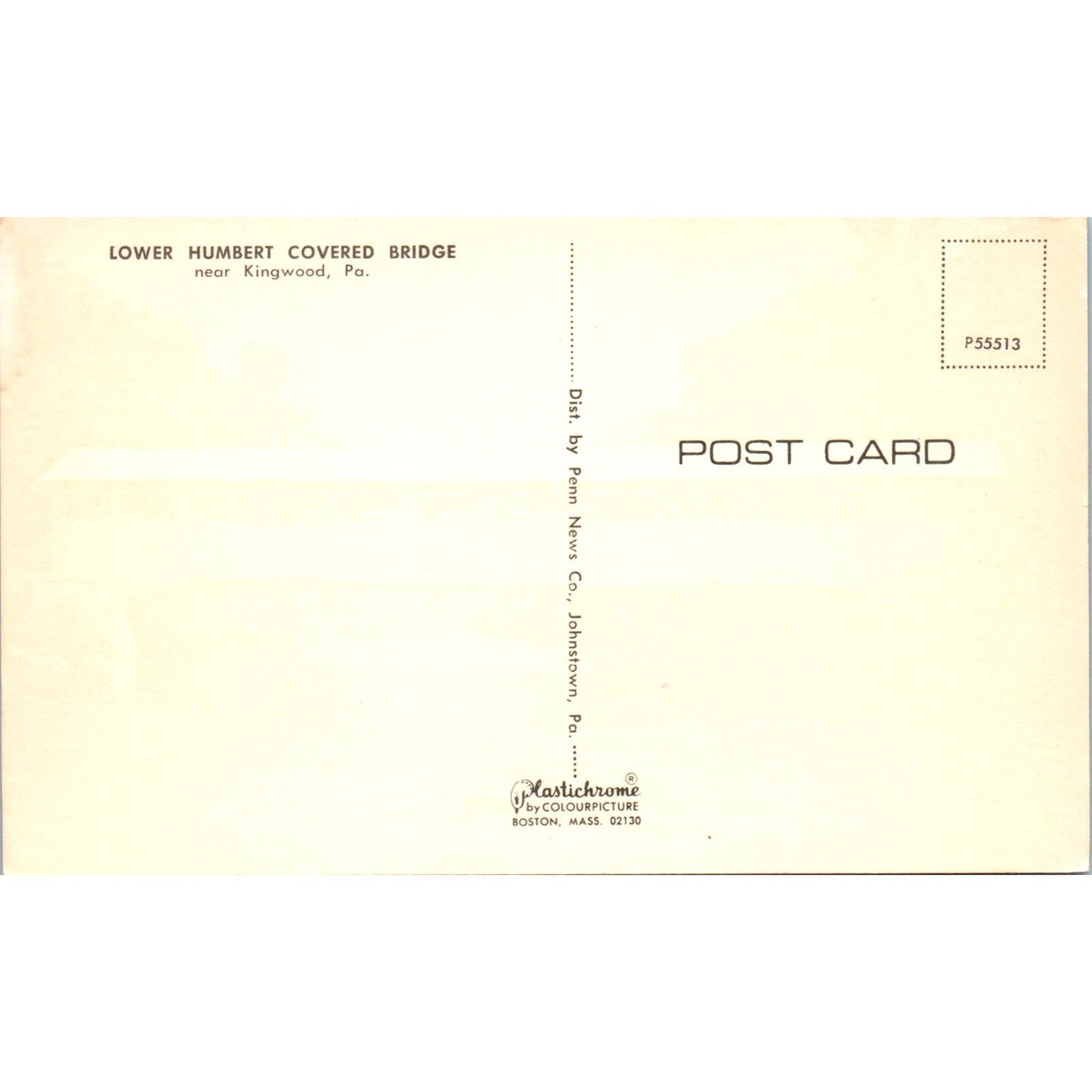 Lower Humbert Bridge Kingwood Pennsylvania Covered Bridge Postcard PB13