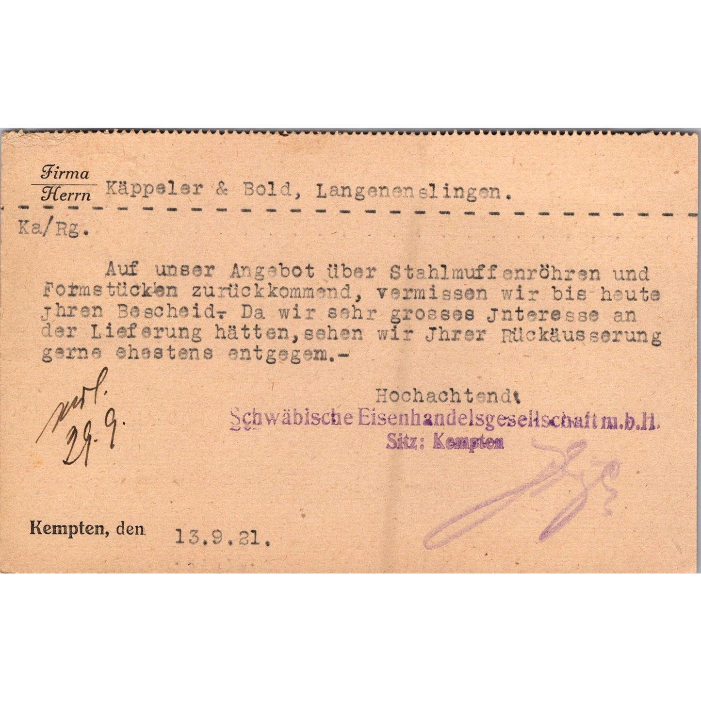 Franz Tröger Eisengroßhandlung Kempten Allgäu 1921 German Reich Postcard AH4-M2
