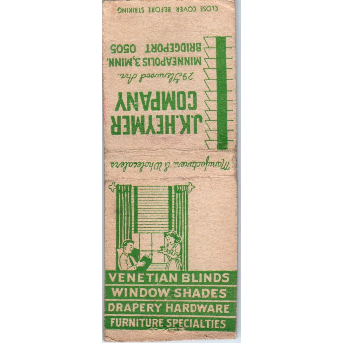 J.K. Heymer Company Window Treatments Minneapolis Vintage Matchbook Cover SF4-Y4