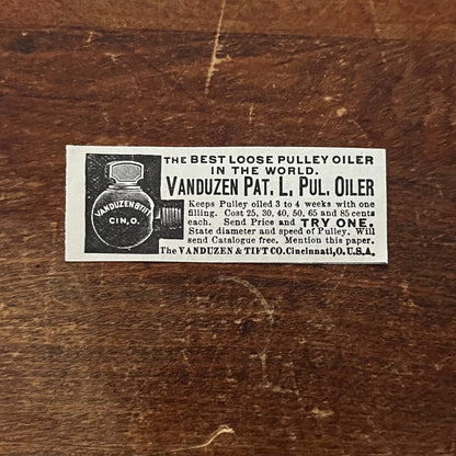 Vanduzen and Tift Co Pulley Oiler Cincinnati Ohio Original Advertisement AD8-P29