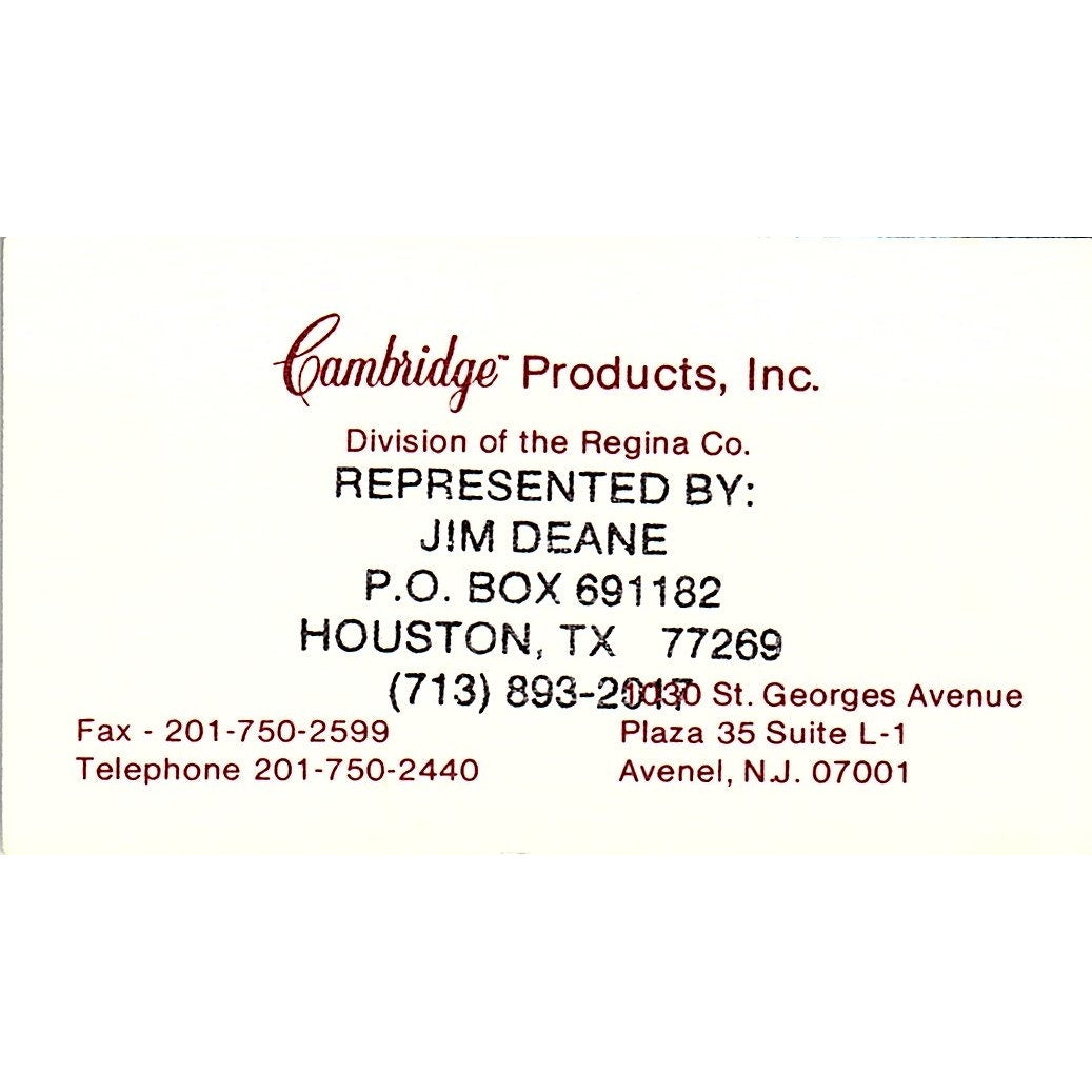 Jim Deane Cambridge Products Inc Houston TX Vintage Business Card SC9-B7