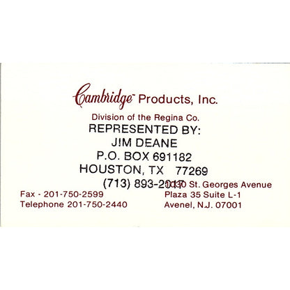 Jim Deane Cambridge Products Inc Houston TX Vintage Business Card SC9-B7