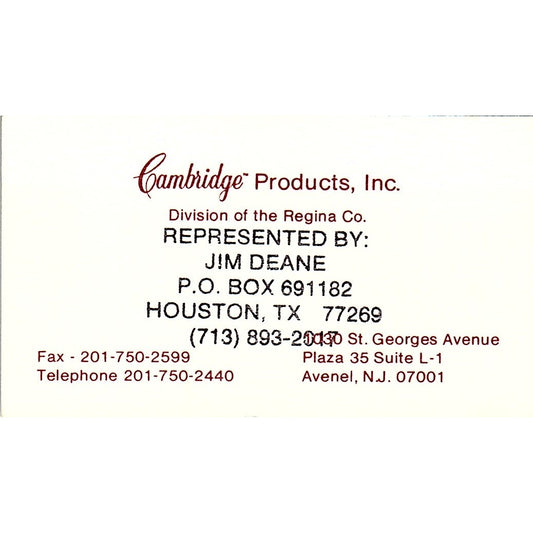 Jim Deane Cambridge Products Inc Houston TX Vintage Business Card SC9-B7
