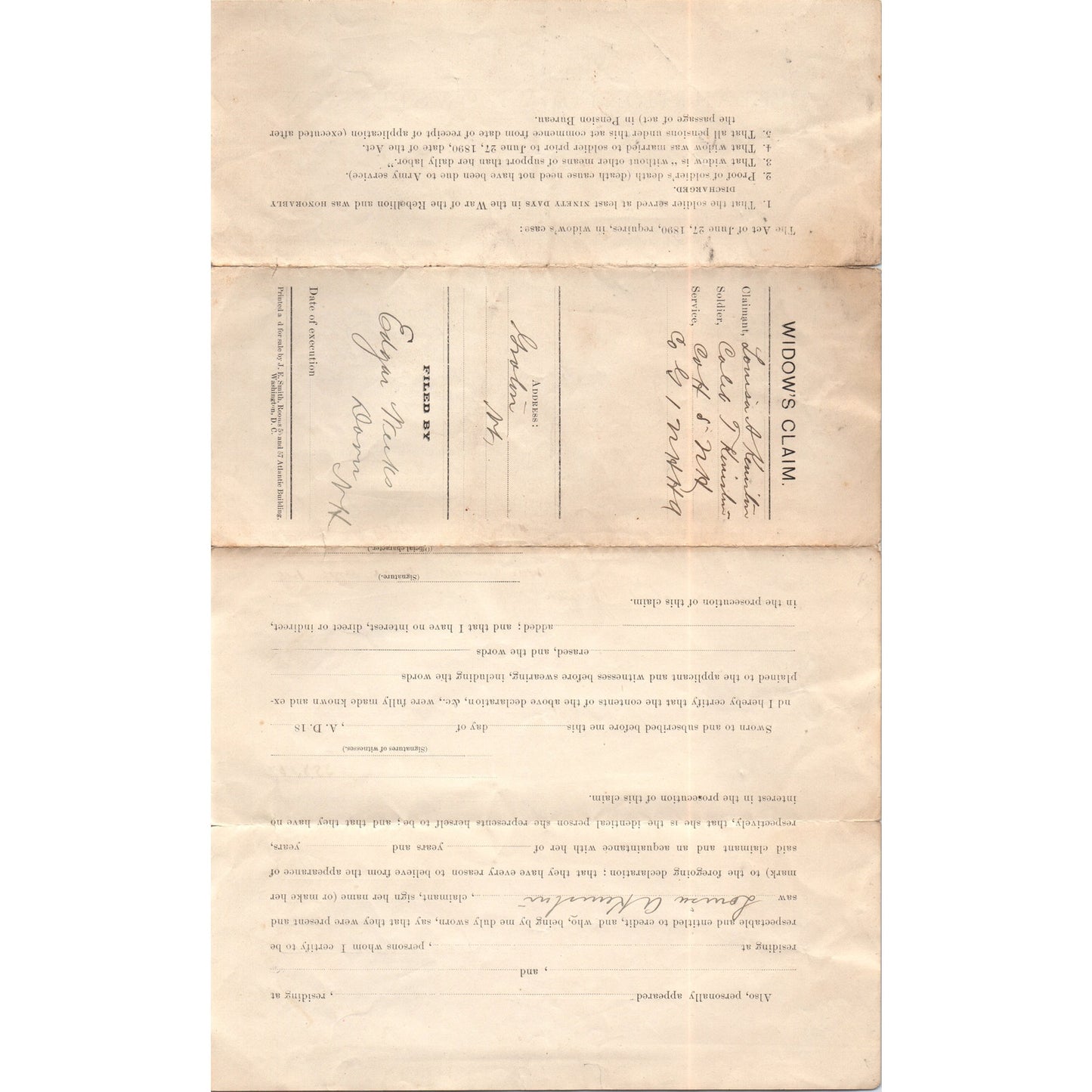 1890 Declaration for Widow's Pension Louisa A Keniston Groton VT AF7-E6