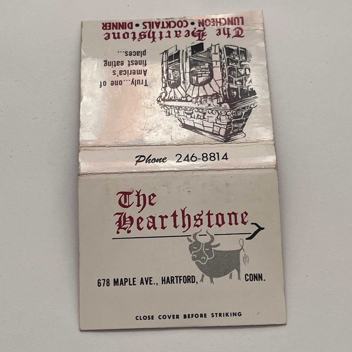 The Hearthstone Restaurant Hartford CT Vintage Matchbook Cover TB8-MB-6