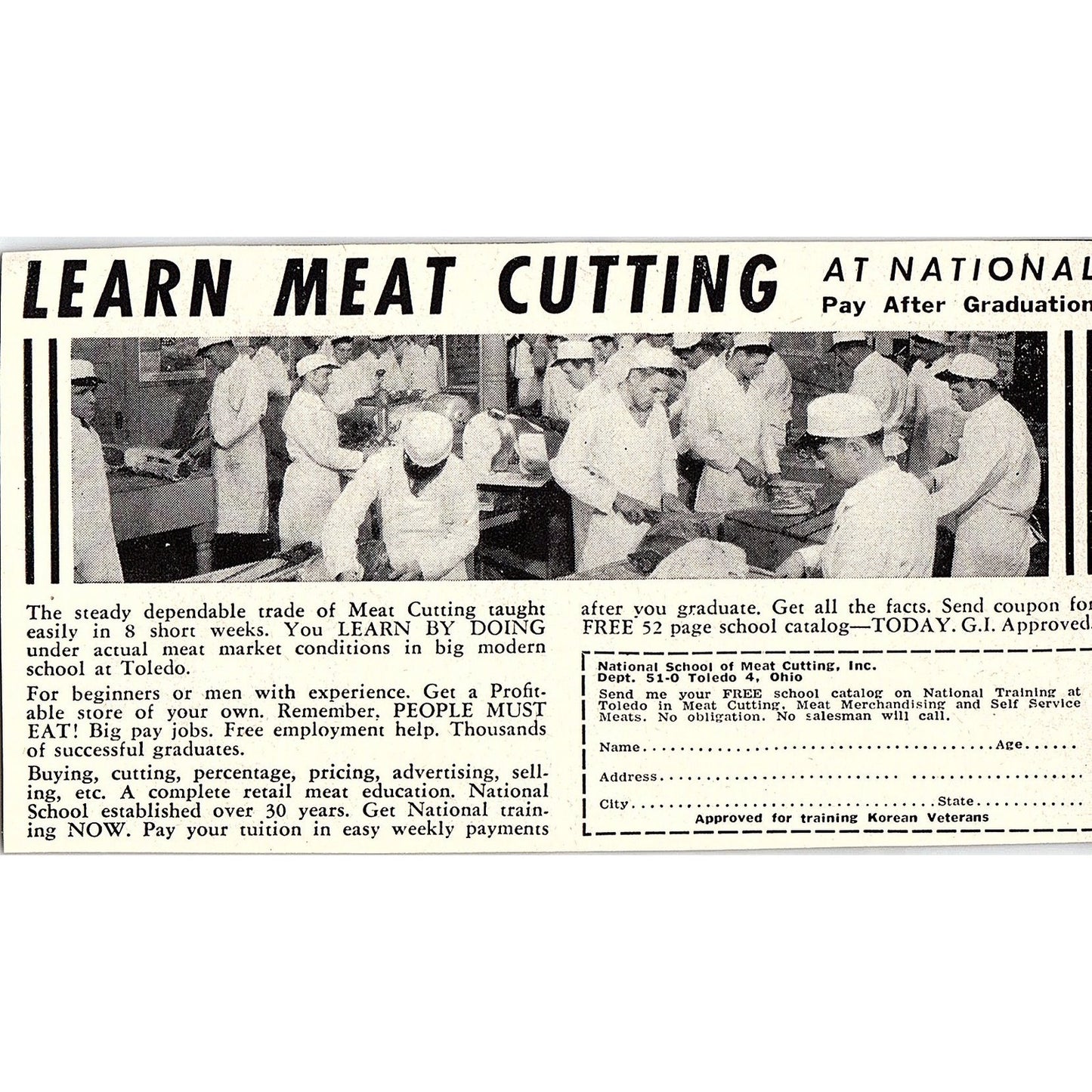 National School of Meat Cutting Toledo Ohio 1955 Ad AF9-6