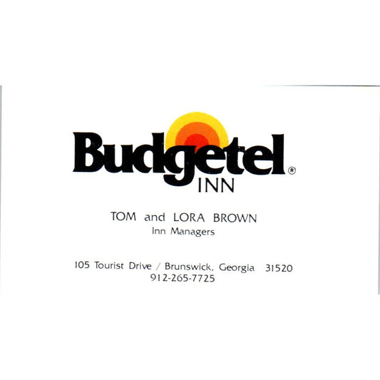 Budgetel Inn Tom & Lora Brown Brunswick GA Vintage Business Card SD8-B22