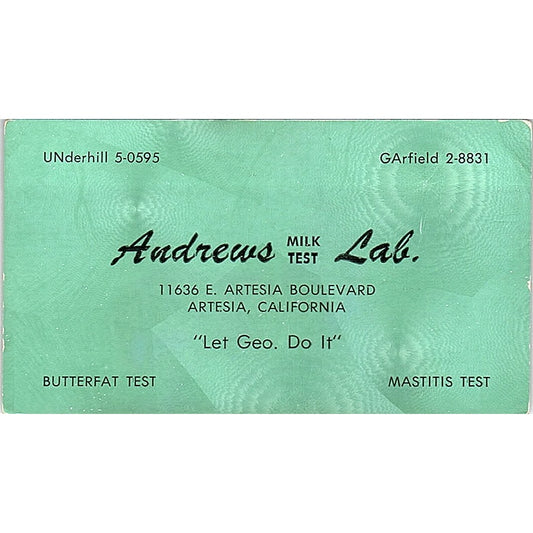 Andrews Milk Test Lab Artesia CA Vintage Business Card SD9-B10