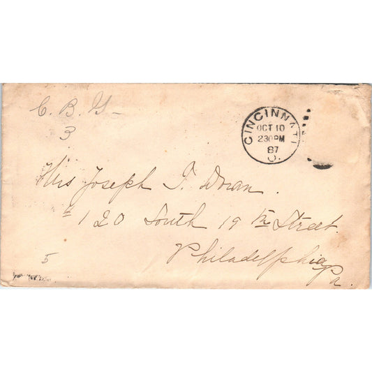 1887 Cincinnati to Joseph T. Doran Philadelphia Postal Cover Envelope TG7-PC3