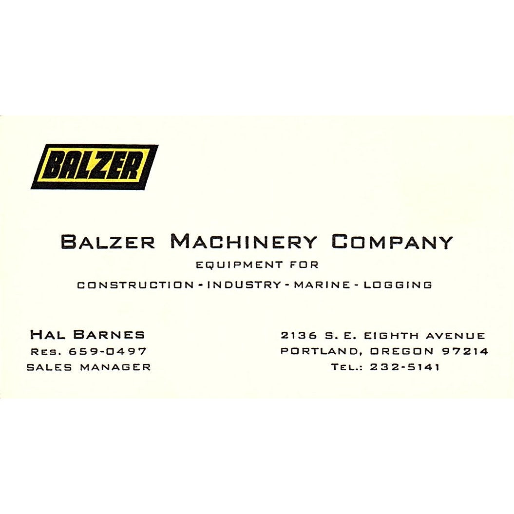 Balzer Machinery Company Hal Barnes Portland Oregon Vintage Business Card SB4-B4