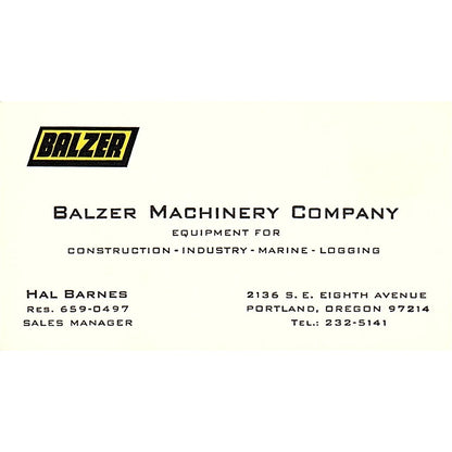 Balzer Machinery Company Hal Barnes Portland Oregon Vintage Business Card SB4-B4