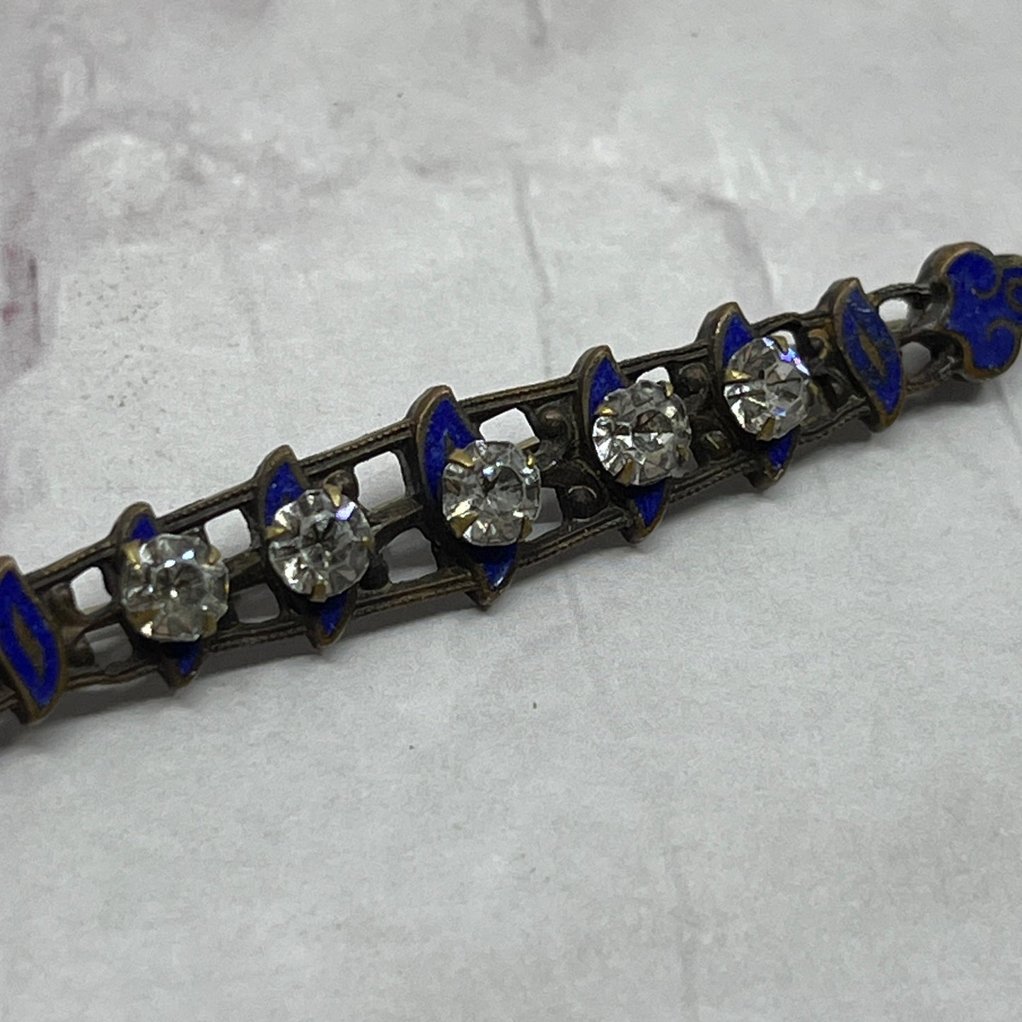 1920s Antique Art Nouveau Blue Enamel Rhinestone Bar Brooch Pin 2.25" SE2