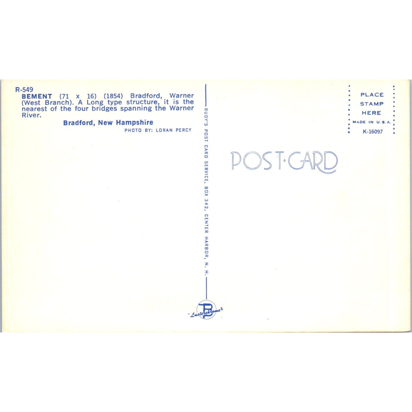 Bement Bradford Warner NH Vintage Covered Bridge Postcard PC13