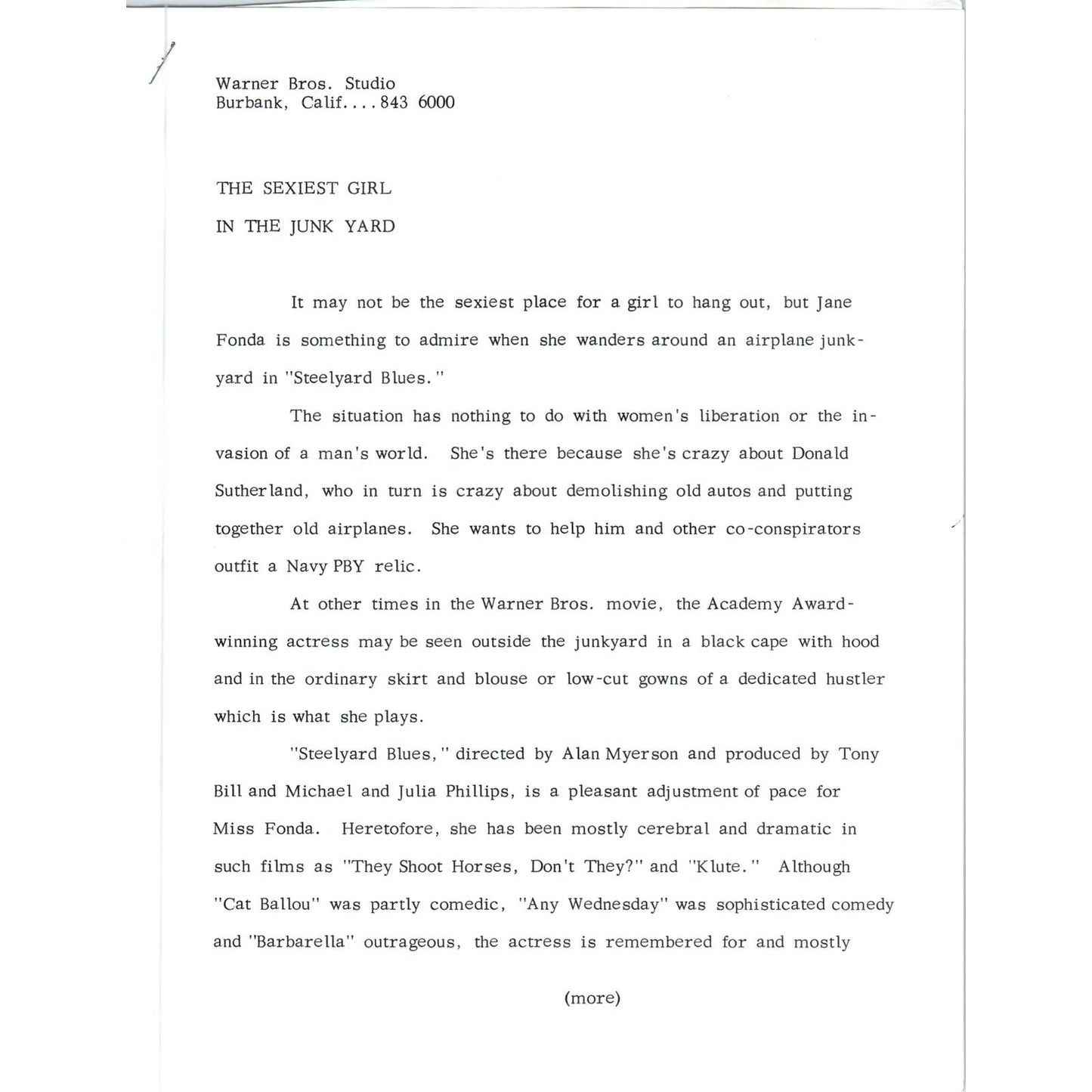 1972 Warner Bros Studios Jane Fonda Promo Sheet Sexiest Girl in the Junkyard AE7