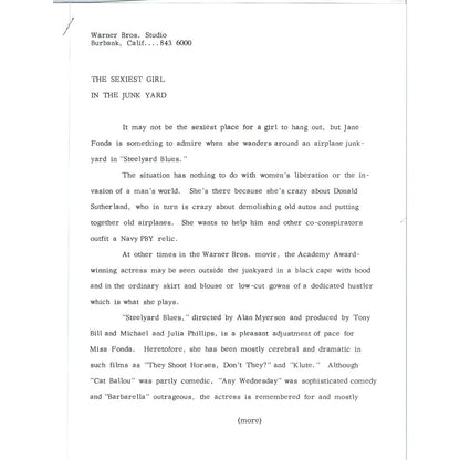 1972 Warner Bros Studios Jane Fonda Promo Sheet Sexiest Girl in the Junkyard AE7