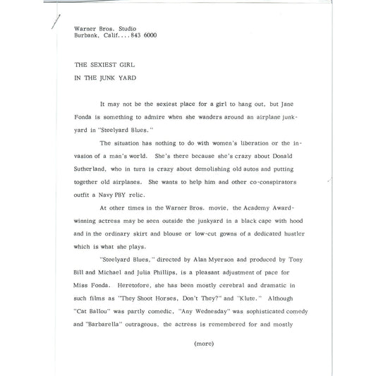 1972 Warner Bros Studios Jane Fonda Promo Sheet Sexiest Girl in the Junkyard AE7
