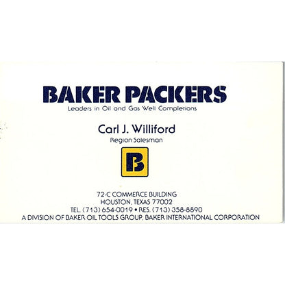 Baker Packers Carl J. Williford Houston Texas Vintage Business Card SB4-B7