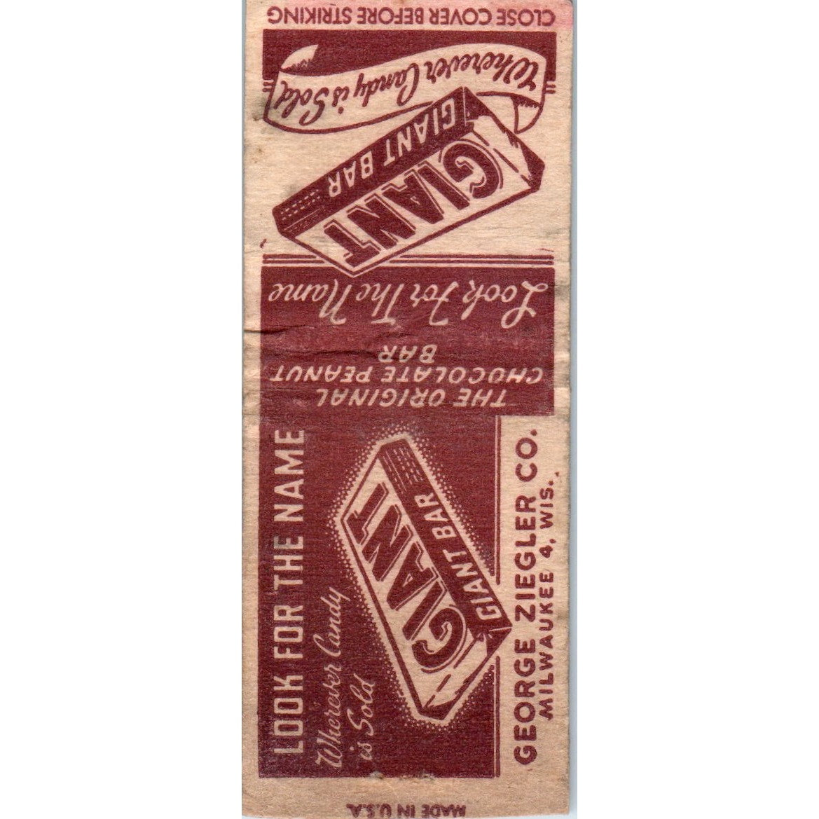 Giant Bar Candy George Ziegler Co Milwaukee Vintage Matchbook Cover SF4-Y5