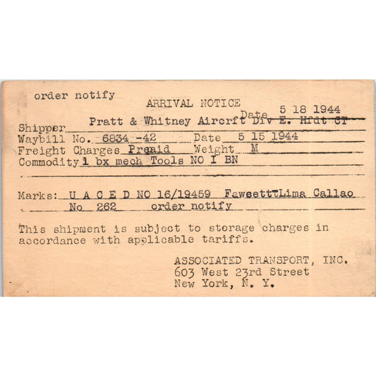 1944 Pratt & Whitney Aircraft Arrival Notice WWII Postal Mailing Card PE7